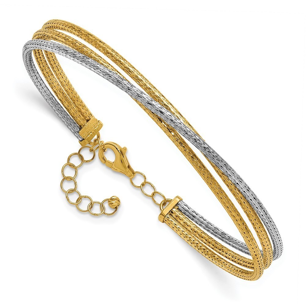 14K Two-tone Gold Polished Textured Fancy 3-Wire 6.5" + 1in Ext. Bangle Bracelet